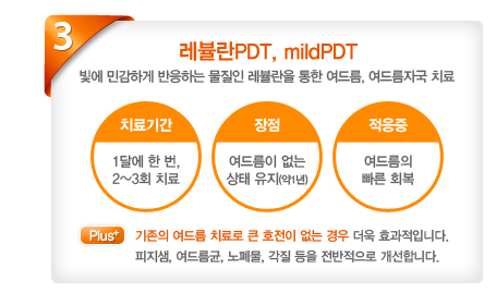 03.[�����PDT, mildPDT]���� �ΰ��ϰ� �����ϴ� ������ ������� ���� ���帧, ���帧�ڱ� ġ��(ġ��Ⱓ-1�޿� �� ��,2~3ȸ ġ��),(����-���帧�� ���� ���� ����(��1��)),(������-���帧�� ���� ȸ��)Plus:������ ���帧 ġ��� ū ȣ���� ���� ��� ���� ȿ�����Դϴ�. ������, ���帧��, ����, ���� ���� ���������� �����մϴ�.